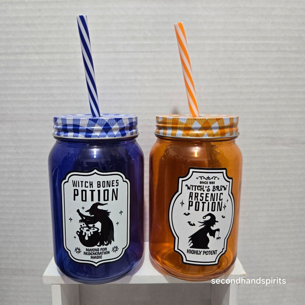 Witchy Halloween Glass Tumblers with Lids Straws 16oz Set of 2 Hand Decal Cups